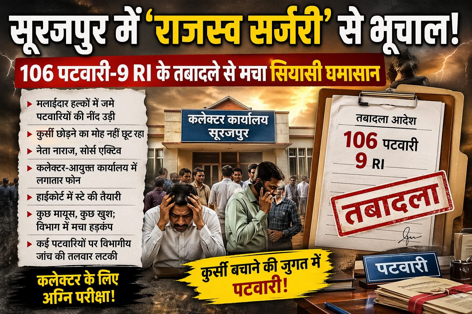 सूरजपुर में तबादला तूफान: उड़ी कुर्सियां, पटवारियों में हड़कंप, सियासी गलियारों में तेज हलचल!